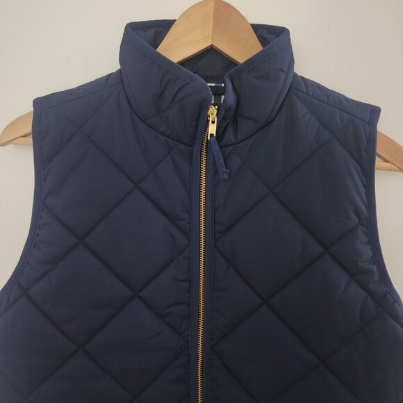 J. Crew Women Vest Puffer Navy Jacket Quilted Front Gold Snap Pocket Check Small - Picture 2 of 10